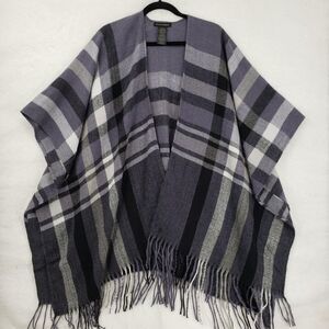 Banana Republic Poncho Womens One Size Blue Gray Plaid Fringed Wrap Cape Shawl